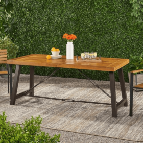 Outdoor Lovewood Metal Base Dining Table, Teak Wood