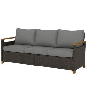 3 Seater Outdoor Couch Sofa, PE Wicker Patio Sofa, Wide Deep Seat, 4" Cushions, Wood-Effect Armrests Legs, Gray (Option: Gray-1190x720x290 mm)