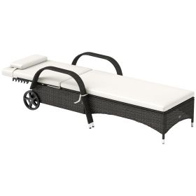 Outdoor Chaise Lounge, 5-Level Adjustable Backrest Rattan Pool Lounge Chair with Wheels, Cushion & Headrest, Cream (Option: Deep Coffee, Cream White-1190x580x260 mm)