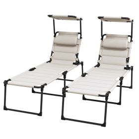 2 Pcs Outdoor Lounge Chair, 4 Position Adjustable Backrest, Folding, Cushioned w/ Sun Shade Roof & Pillow, Cream White (Option: Cream White-850x300x710 mm)