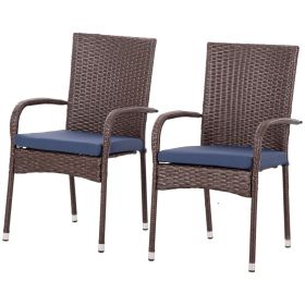 Stackable PE Rattan Outdoor Dining Chairs with Cushion, Patio Wicker Dining Chair with Armrests & Backrest, Blue (Option: Blue-990x520x250 mm)