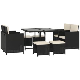 9 Pieces Outdoor Dining Set for 8, Space Saving Wicker Chairs and Square Glass Table with Cushions and Ottomans, Rattan Conversation Patio Furni (Option: Black, Cream White-1122x733x255 mm)