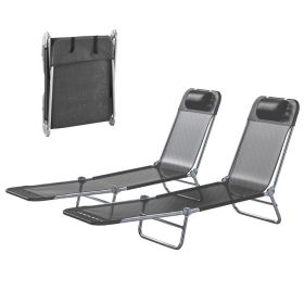 2 Piece Sun Loungers, Folding Chaise Lounge Chairs with Reclining Back, Breathable Mesh Seat, Headrest, Black (Option: Black-680x595x165 mm)