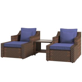 5pc Patio Furniture Set, All Weather PE Rattan Conversation Chair and Ottoman Set w/ Table, Cushion Pillows, Blue (Option: Dark Blue-780x720x490 mm)