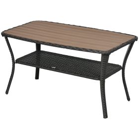 Outdoor Patio PE Rattan Coffee Table with Storage Shelf, Wicker Side Table with Wood-Plastic Composite Top, Mixed Brown (Option: Brown-1120x110x630 mm)
