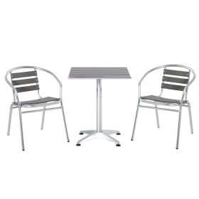 3-Piece Outdoor Patio Bistro Table Set with Aluminum Frame, Woodgrain-Style Tabletop & Draining Slat Design (Option: Grey-670x130x670 mm)