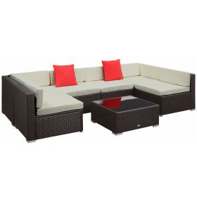 7 Piece Outdoor Patio Sofa Set with Cushions, All Weather PE Rattan, 29.5" Sofa Section, Glass Top Coffee Table for Outdoor Living, Beige (Option: Cream White-740x370x710 mm)