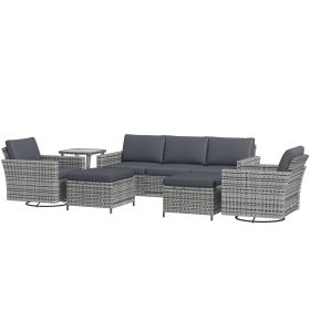 6-Piece Rattan Patio Furniture Set with 3-Seater Sofa, Swivel Rocking Chairs, Footstools, 2 Tier Table, Mixed Gray (Option: Mixed-Gray-720x580x580 mm)