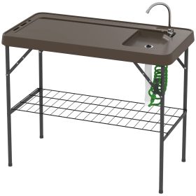 Folding Fish Cleaning Table With Sink, Portable Camping Table With Faucet, Drainage Hose, Sprayer And Shelf, Tan (Option: Tan-1230x680x100 mm)