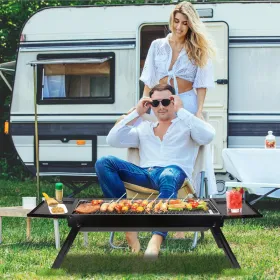 Folding Charcoal BBQ Grill Stainless Steel Grill with Shelf Net Easy Setup for Camping Picnic Outdoor Party Backyard (Option: Black)