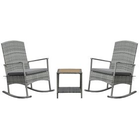 3 Piece Outdoor PE Rattan Rocking Chair Set, Patio Wicker Recliner Rocker Chair with Soft Cushion & Nature Wood Top Coffee Table, Gray (Option: Grey-780x720x370 mm)