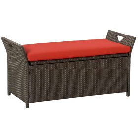 29 Gallon Patio Wicker Storage Bench, Outdoor PE Rattan Patio Furniture, 2-In-1 Large Capacity Rectangle Garden Storage Box with Handles and Cus (Option: Red-920x220x470 mm)