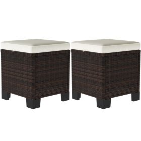 2 Piece Wicker Outdoor Ottomans with Cushions, Rattan Ottoman Footrest and Side Table for Patio, Yard, Poolside, Beige (Option: Beige-430x430x320 mm)