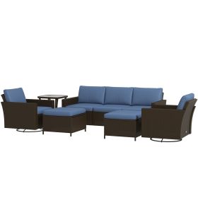 6-Piece Rattan Patio Furniture Set with 3-Seater Sofa, Swivel Rocking Chairs, Footstools, 2 Tier Table, Deep Coffee (Option: Coffee Brown-720x580x580 mm)