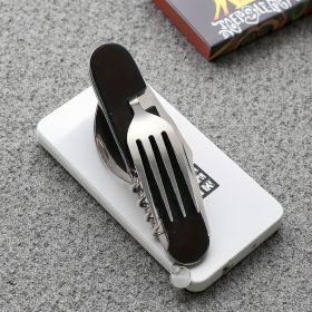 Stainless Steel 6-in-1 Multi-Tool Cutlery Set, Folding Pocket Knife with Fork, Spoon, Can Opener, Corkscrew, and Bottle Opener (Color: Black)