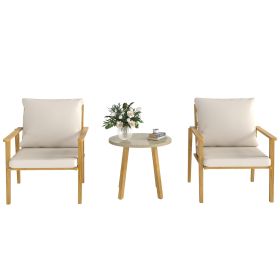 3 Piece Outdoor Bistro Set, Wood Effect Metal Patio Set with Wide and Deep Chairs, Round Table, Cushions, Cream White (Option: Cream White-720x630x470 mm)