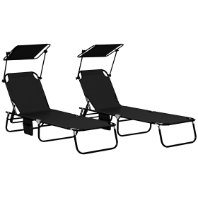 Folding Chaise Lounge Pool Lounge Chairs Set of 2, Outdoor Sun Tanning Chairs with Canopy Shade, Reclining Back, Steel Frame and Side Pocket for (Option: Black-800x250x580 mm)