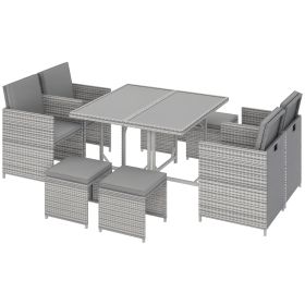 9 Pieces Outdoor Dining Set for 8, Space Saving Wicker Chairs and Square Glass Table with Cushions and Ottomans, Rattan Conversation Patio Furni (Option: Light Gray, Dark Gray-1120x720x225 mm)