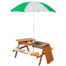 Kids 3 in 1 Sand and Water Table, Wooden Outdoor Convertible Picnic Table with Umbrella and Storage Inside, Bench Backyard Furniture for Garden, (Option: Natural-1000x490x165 mm)